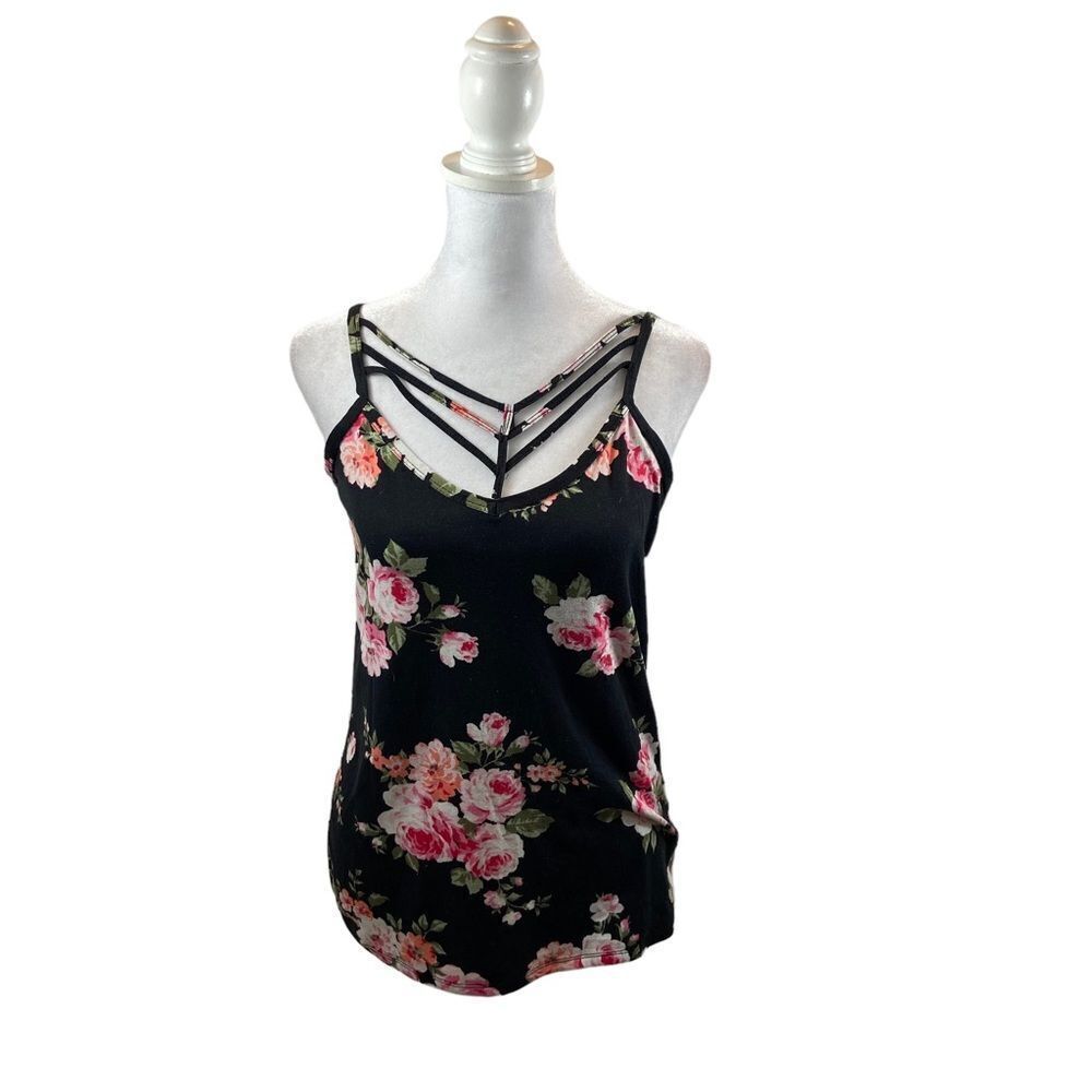 Eye Candy Black‎ And FlorL Print Cage Front Tank Top Size Large